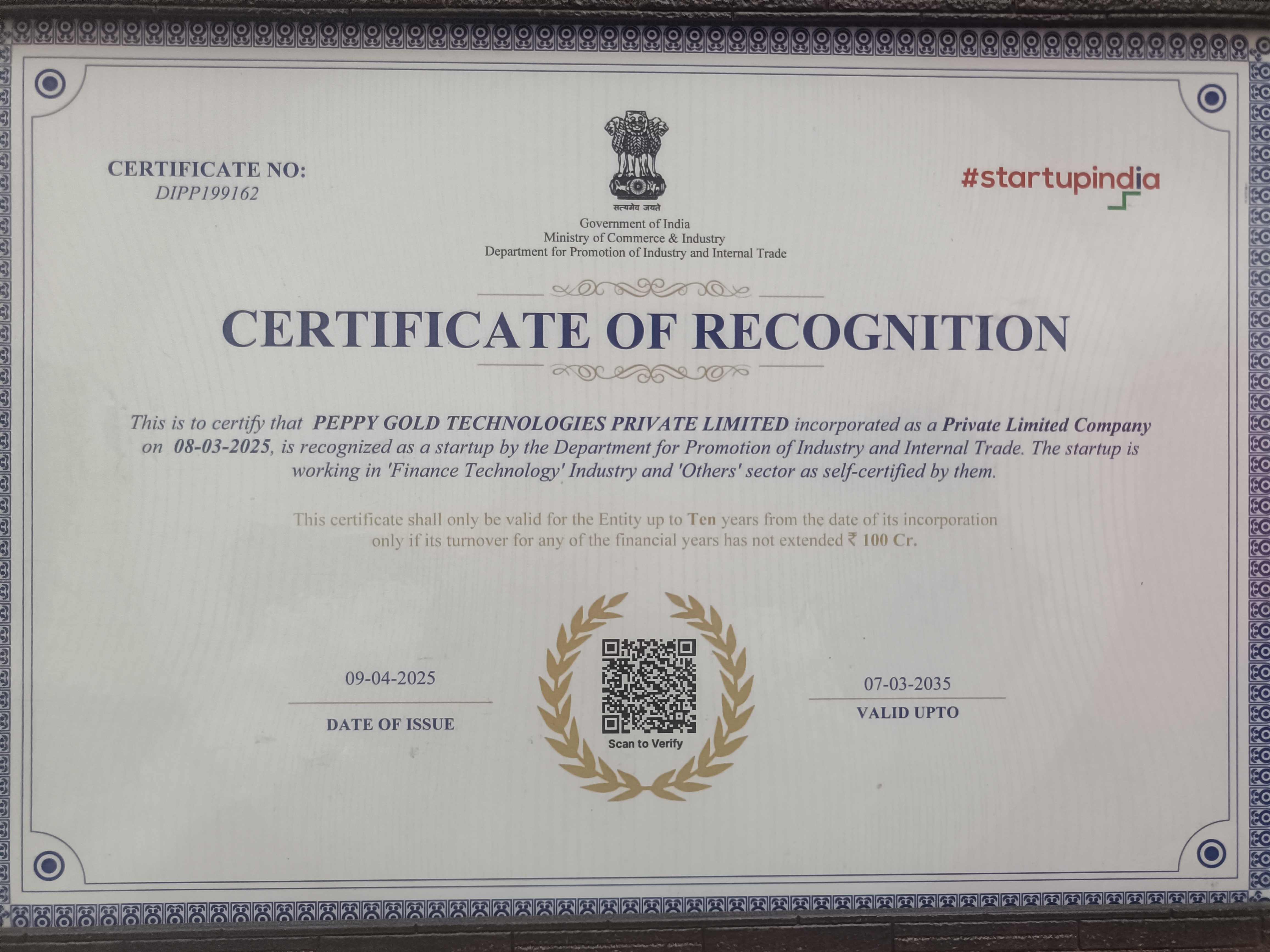 StartupIndia Certificate